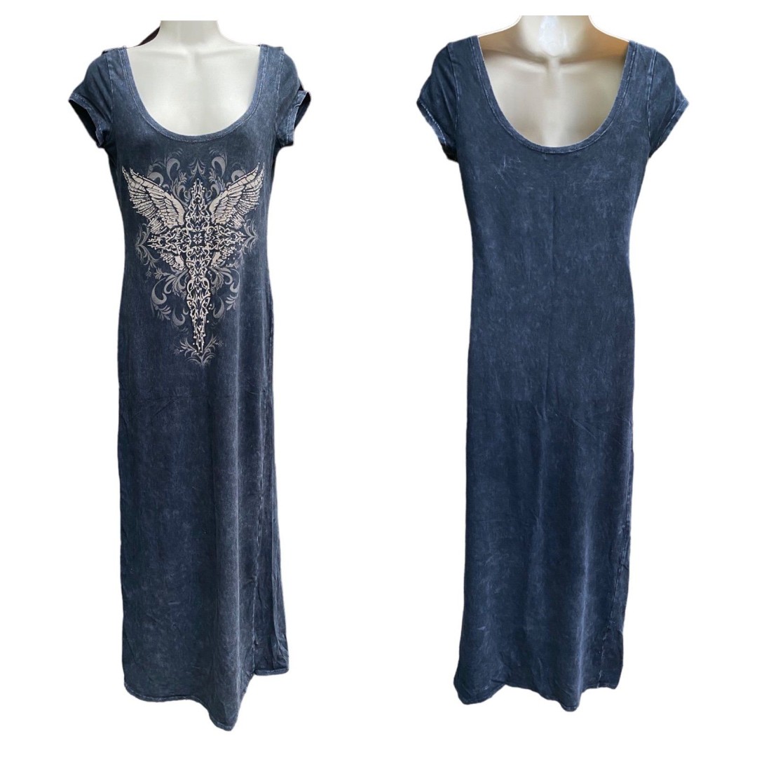 Vtg Y2K 2000s Maxi Dress Size M grunge bedazzled angel wings cross scoop neck