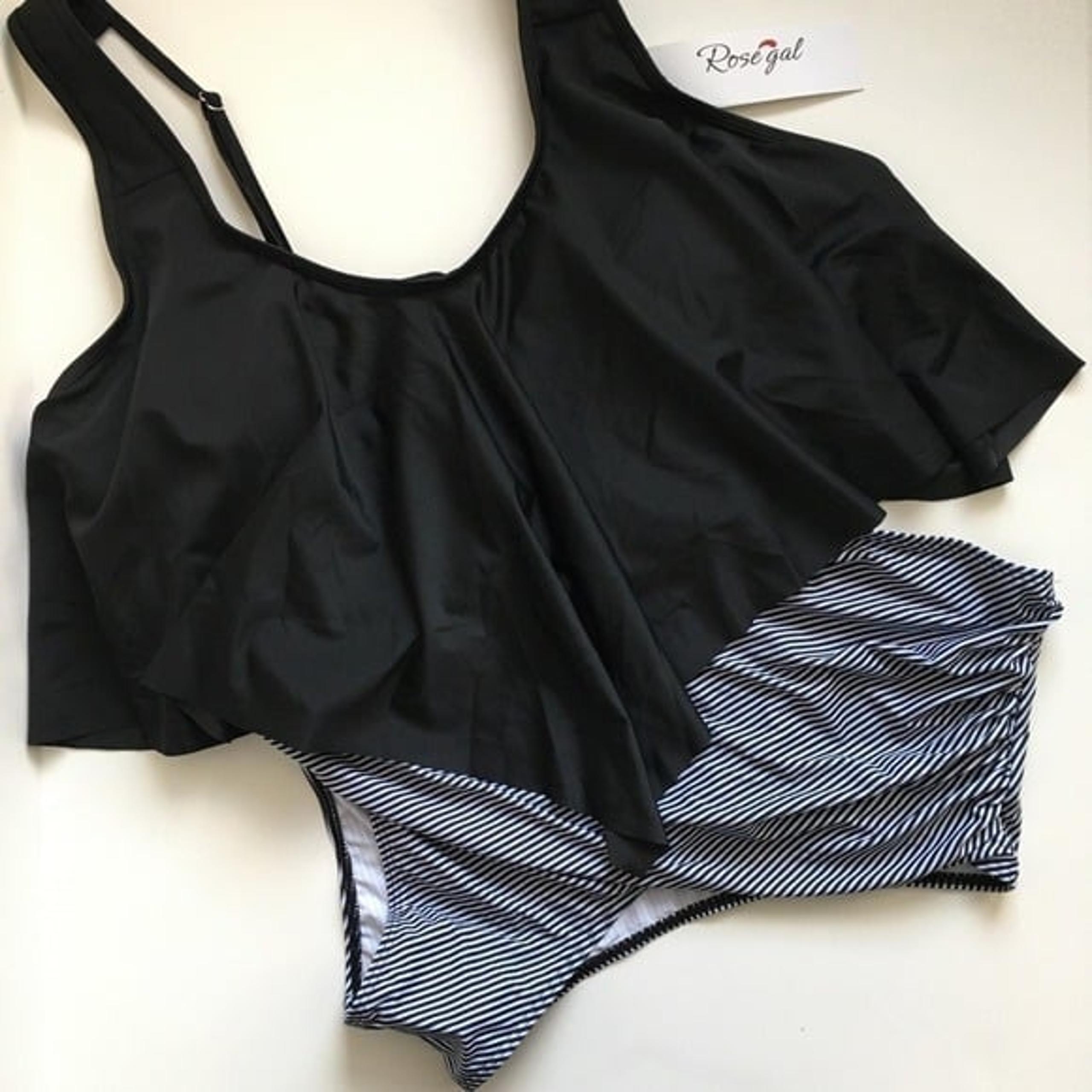 NWT Rosegal Bikini Flounce Black Top Ruched Stripe Bottom Swimsuit Size 4X
