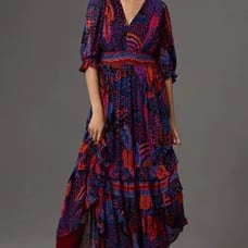 Farm Rio by Anthropologie Short-Sleeve V-Neck Tiered Ruffled Midi Dress, Size S