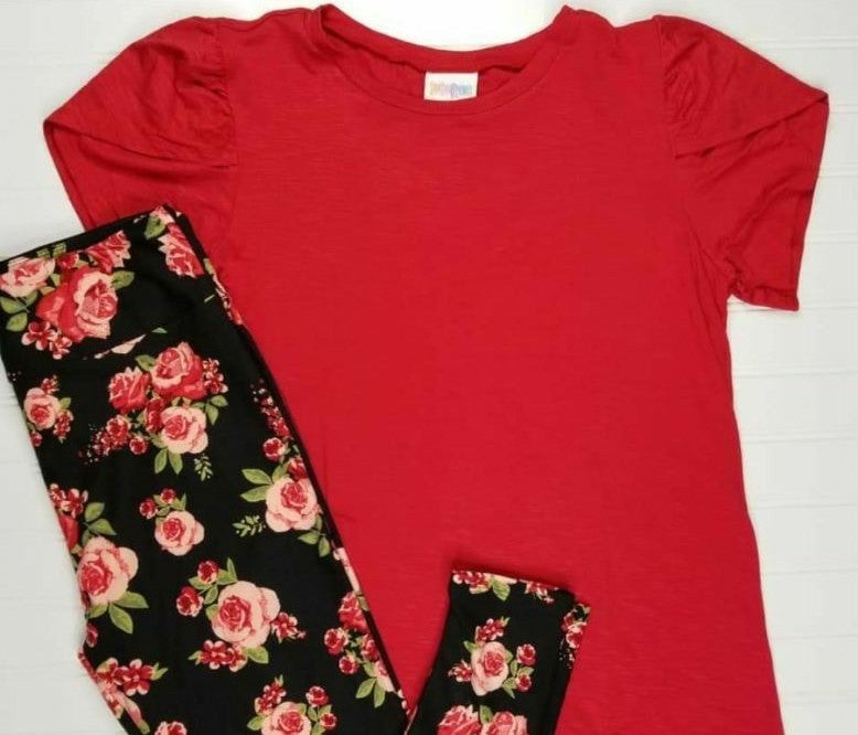 LuLaRoe M Red Olive Top OS Floral Leggings new