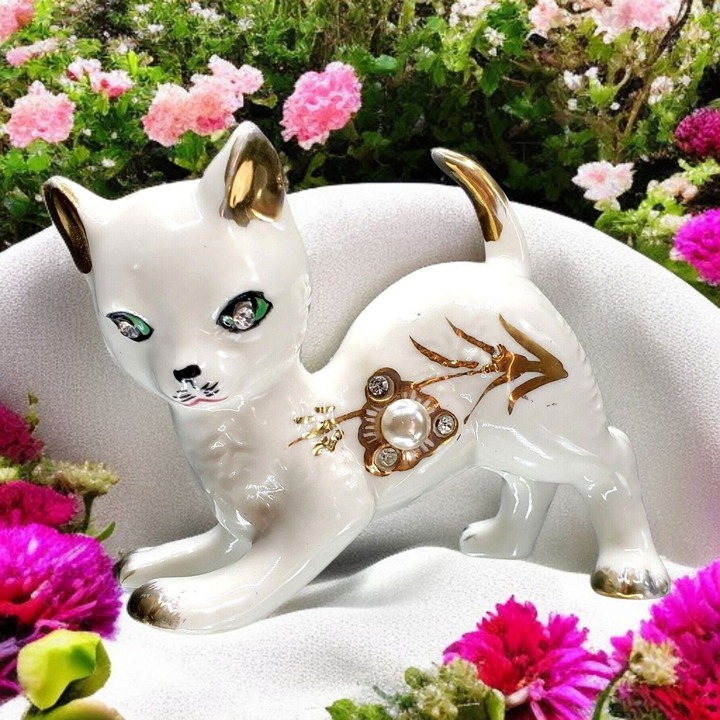 Vintage 1950s Nippon Yoko Boeki Cat Figurine With Faux Pearl & Rhinestone Accent