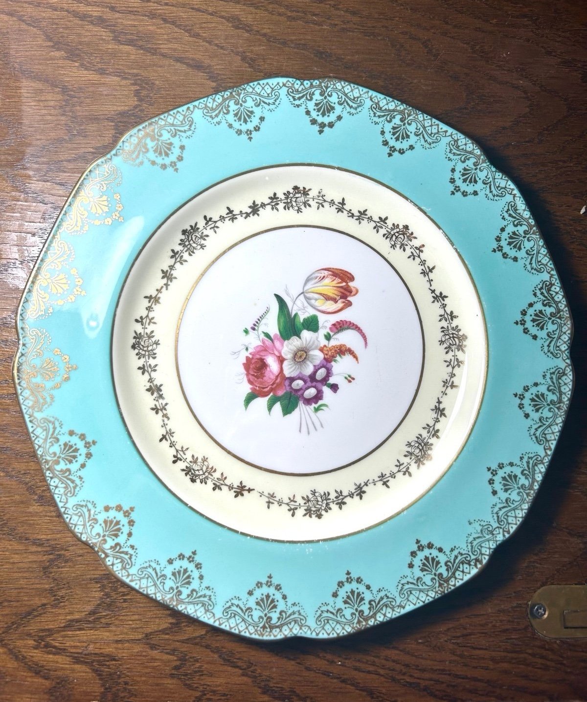 Rare Paragon Teal Dinner Plate, decorative plate, gold trim, floral