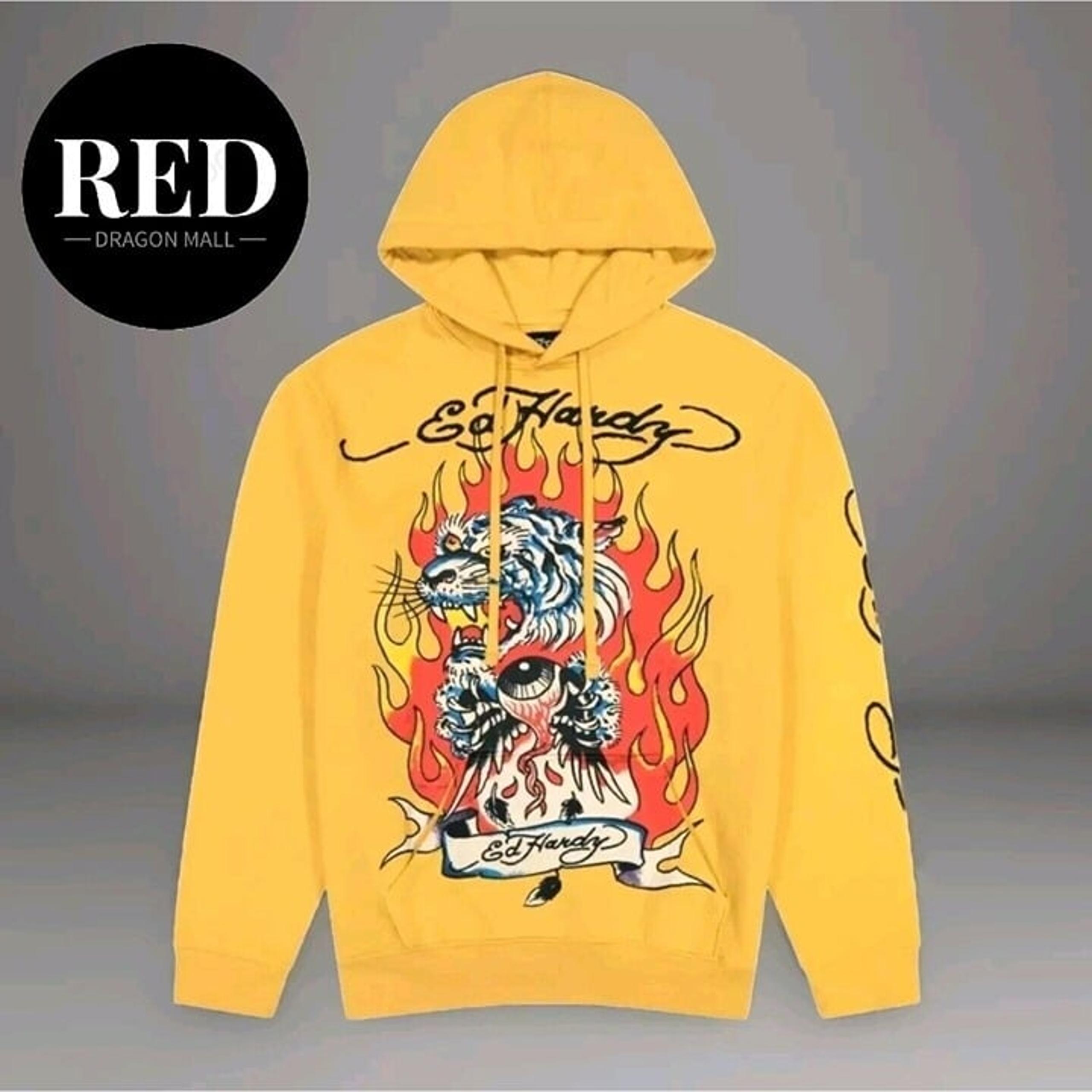 Ed Hardy  Fire Tiger Golden Yellow Pullover Hoodie - Size L - MSRP $ 98.00