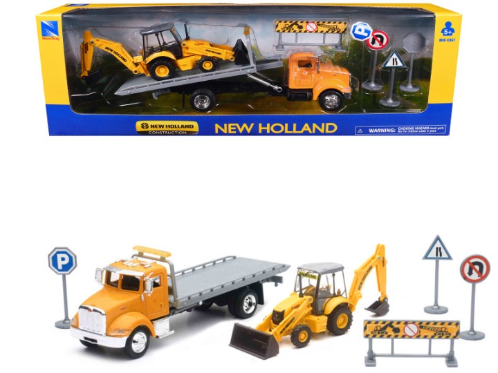 Peterbilt 335 Roll-Off Flatbed Truck and New Holland B110C Backhoe Loader
