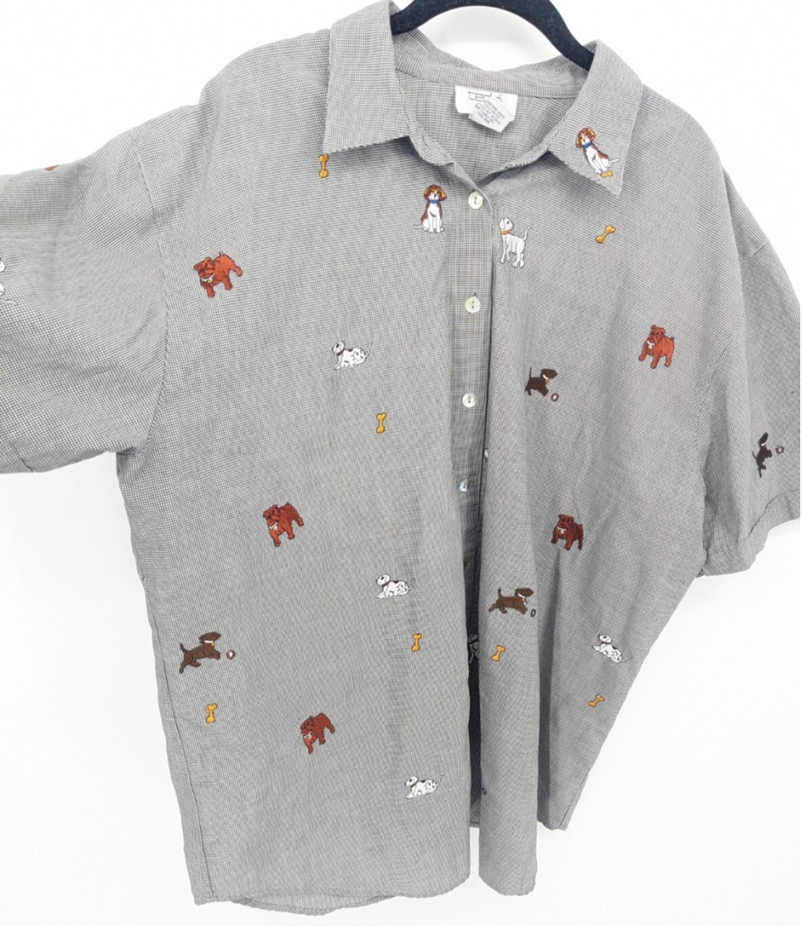 Shirt Womens 1X Black Checkered Dogs Animal Lover Button Up Top Mature Vet - Teddi