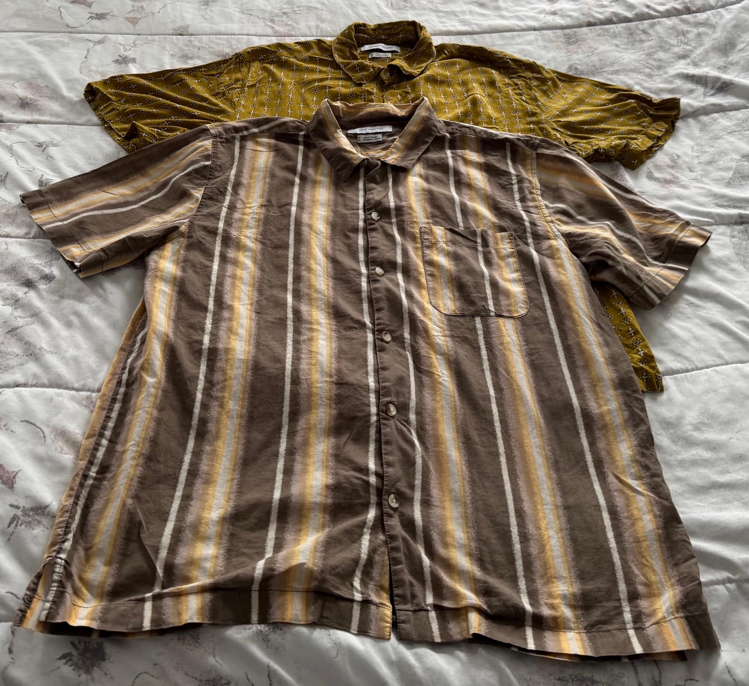 Lot of 2 Urban Outfitters men’s button up buttery yellow brown striped shirts, M
