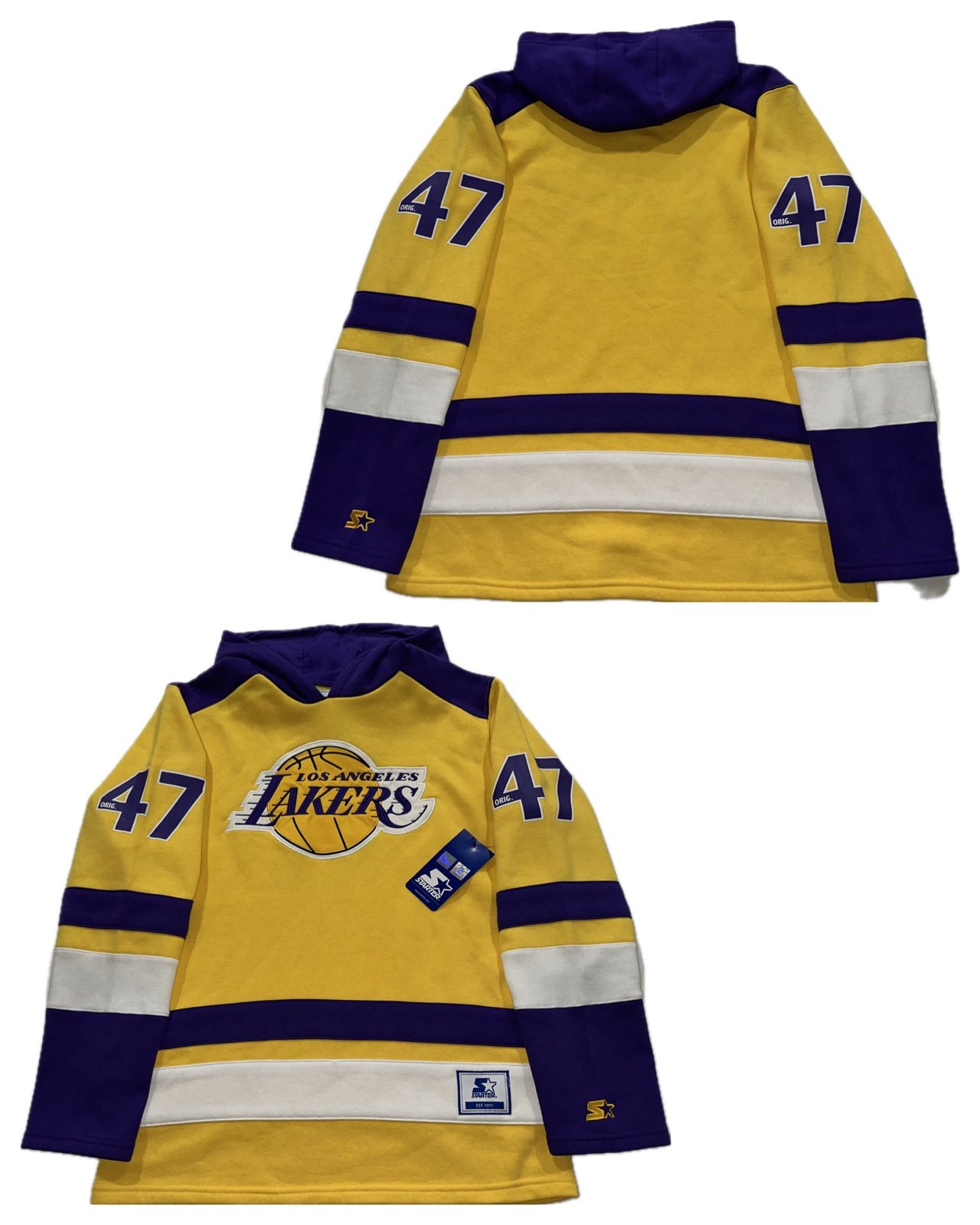 Starter Los Angeles Lakers Yellow Hockey Pullover Hoodie Sweatshirt Mens Small
