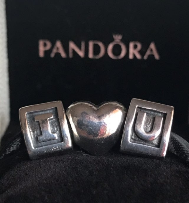 3 Authentic Pandora Charms I, Heart, U