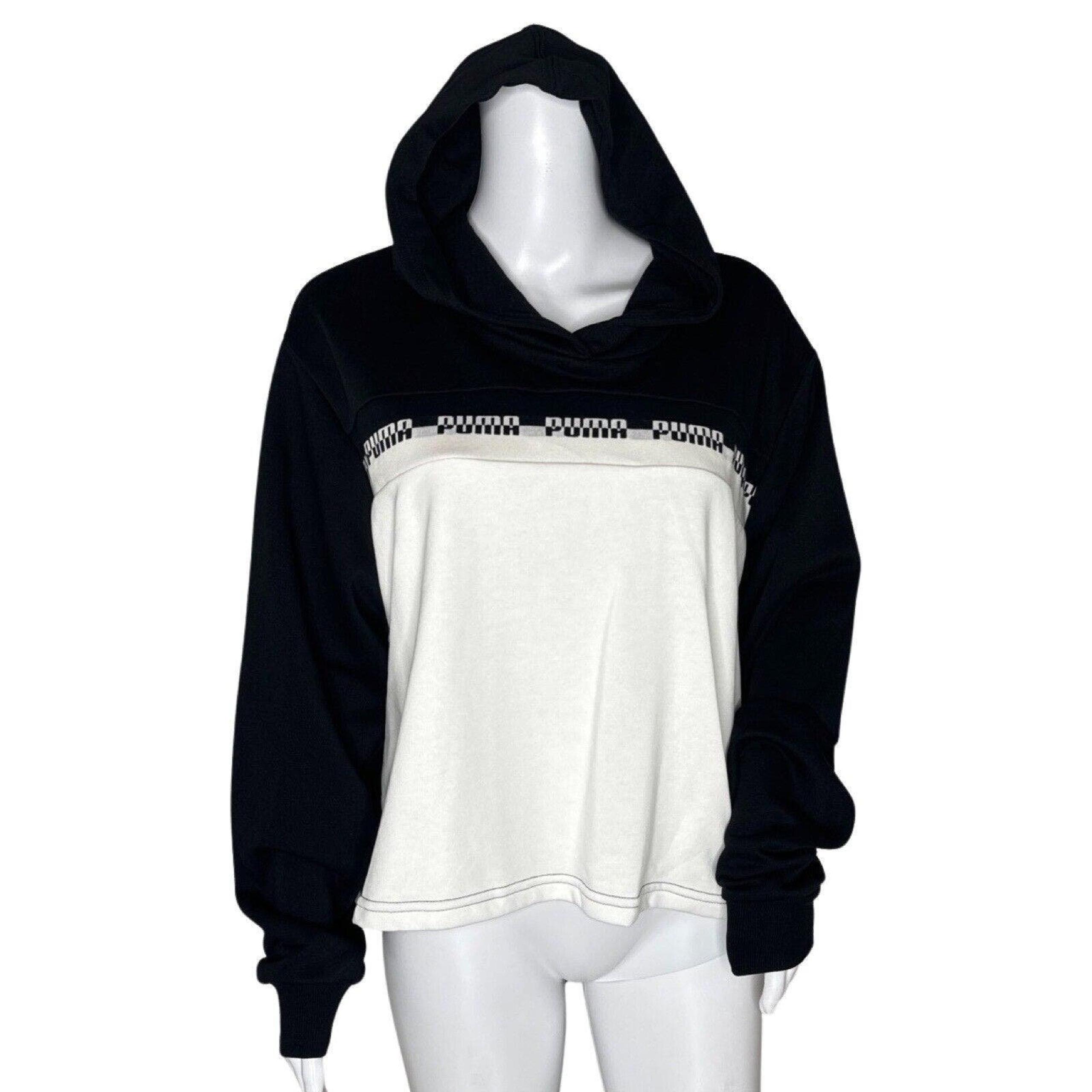 Puma Sweatshirt Women XL Black White Amplified Crop Hoodie Casual Athleisure