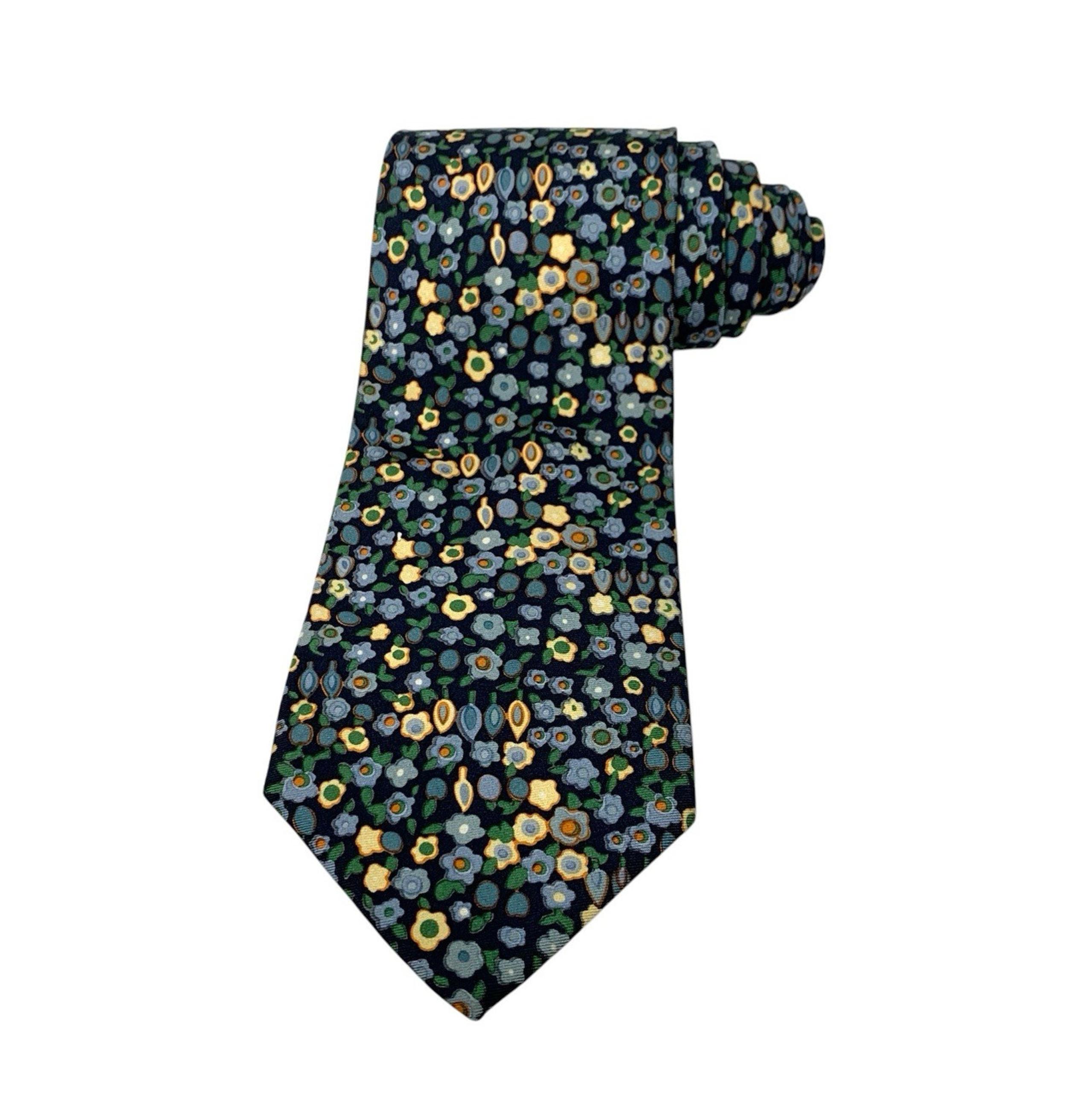 Vintage J Crew - Green, Blue, Yellow Floral Silk Tie - 56" x 3.75" - Made in USA