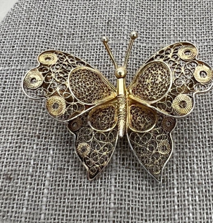 Vintage Vermeil 800 Silver Filagree Butterfly Brooch Pin SP-2961