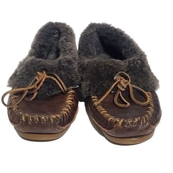 FRYE Sheepskin-Lined Brown Moccasin Slip-On Shoe Slippers Size 5 1/2 5.5