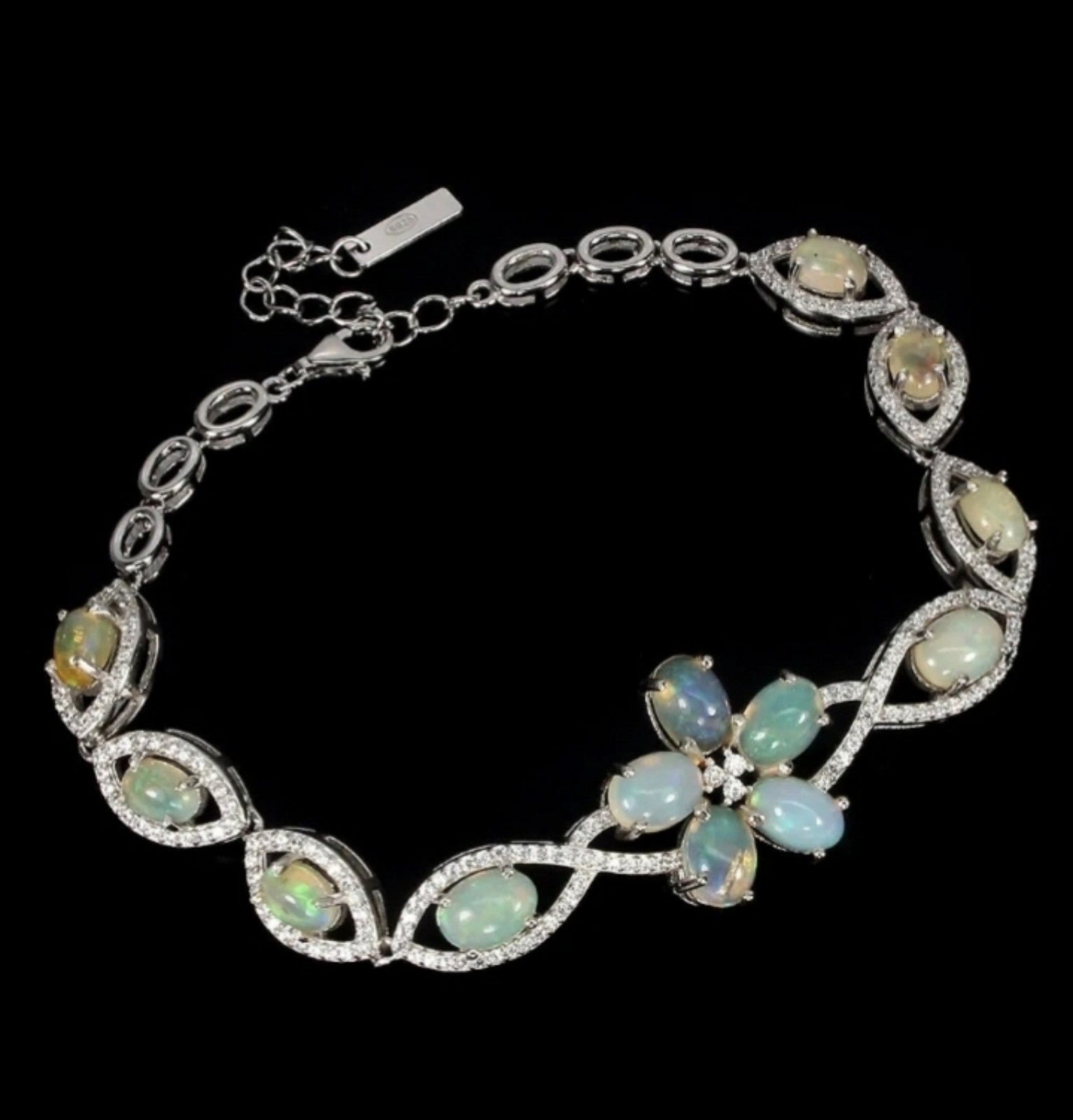 14k White Gold Sterling Silver 7x5mm Ethiopian Fire Opal Rainbow 7.5 Bracelet