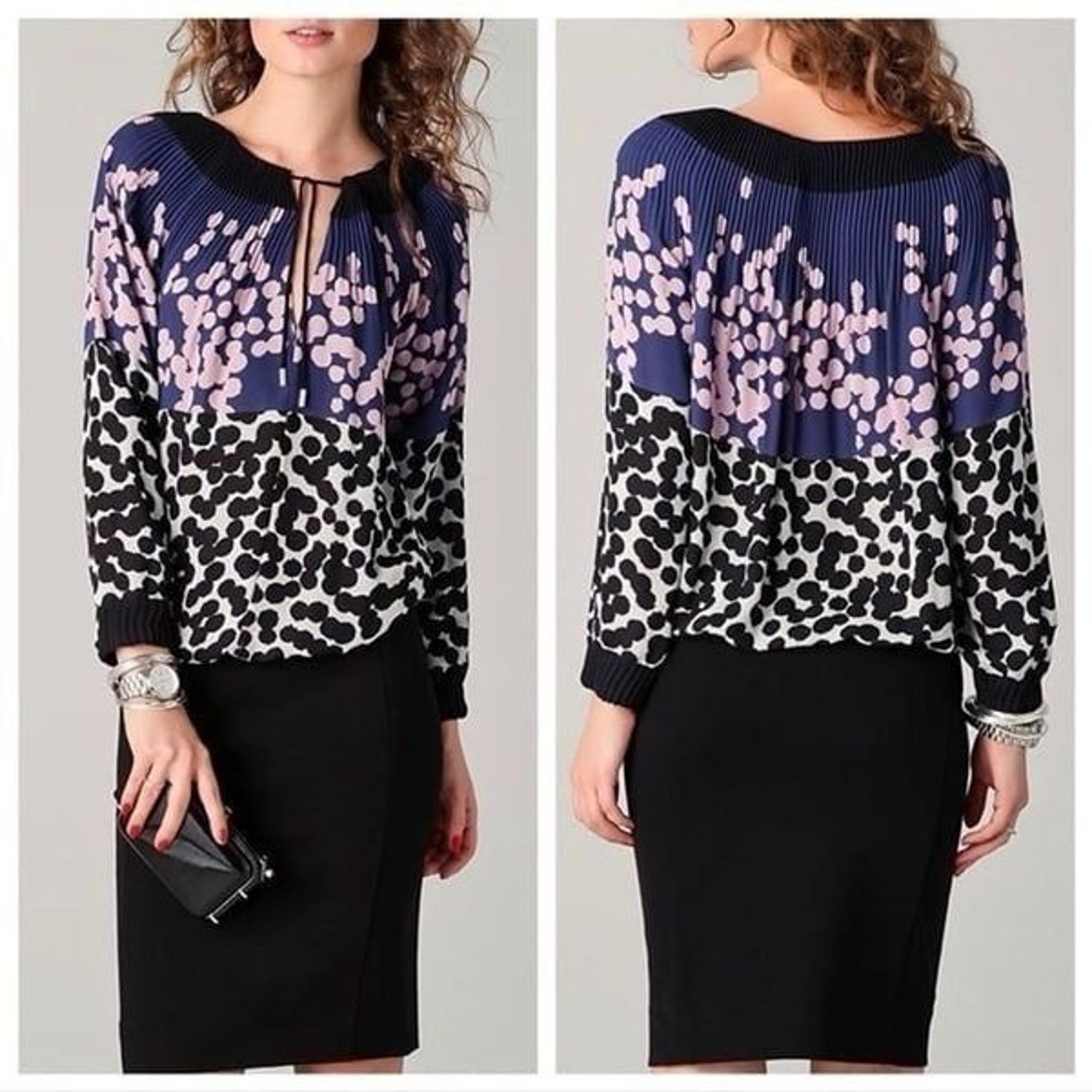 DIANE VON FURSTENBERG | Mikino Colorblock Pleated Dot Print Top Women’s Size 14
