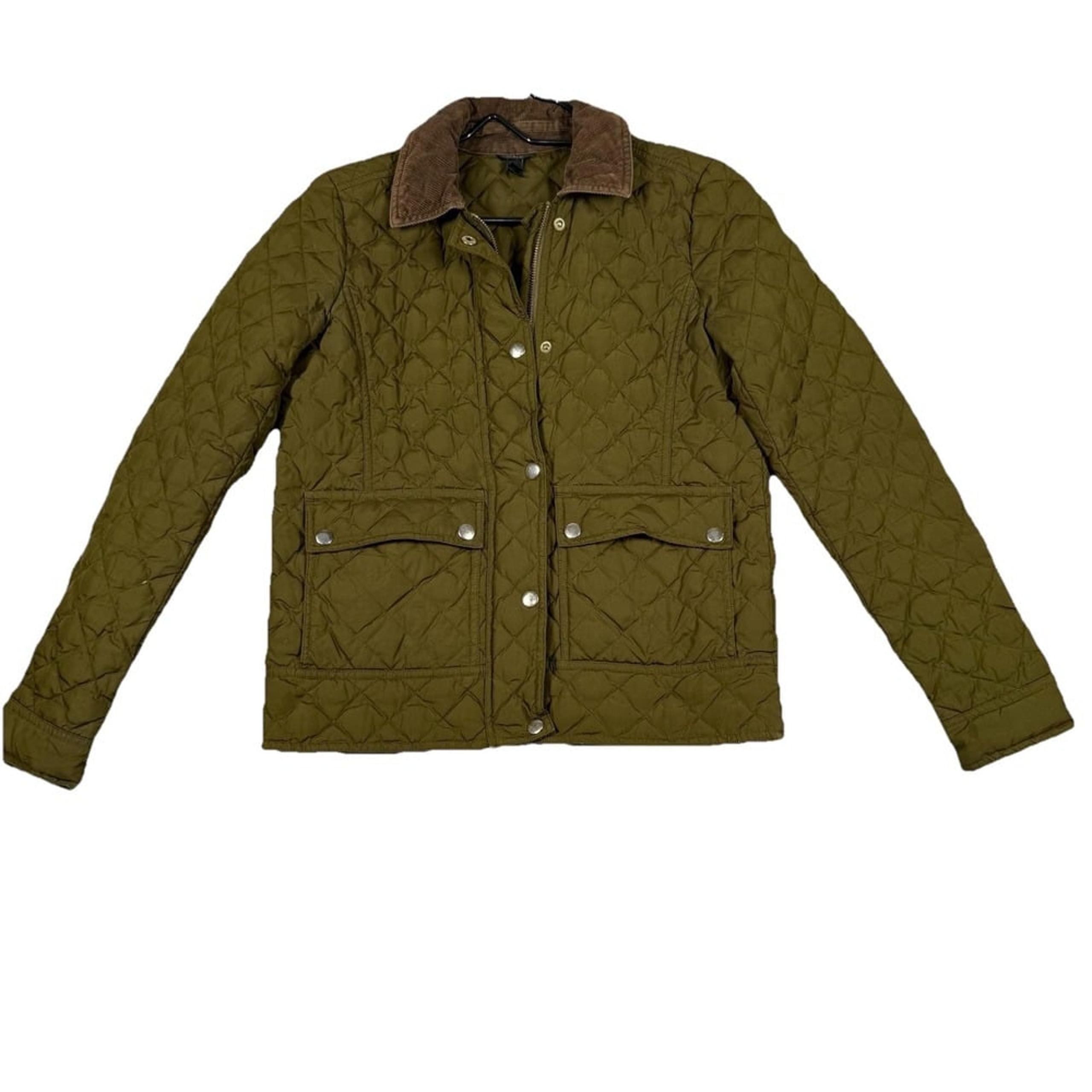 J. Crew Jacket Womens XXS Green Down Fill Puffer Full Zip Pockets Corduroy Neck