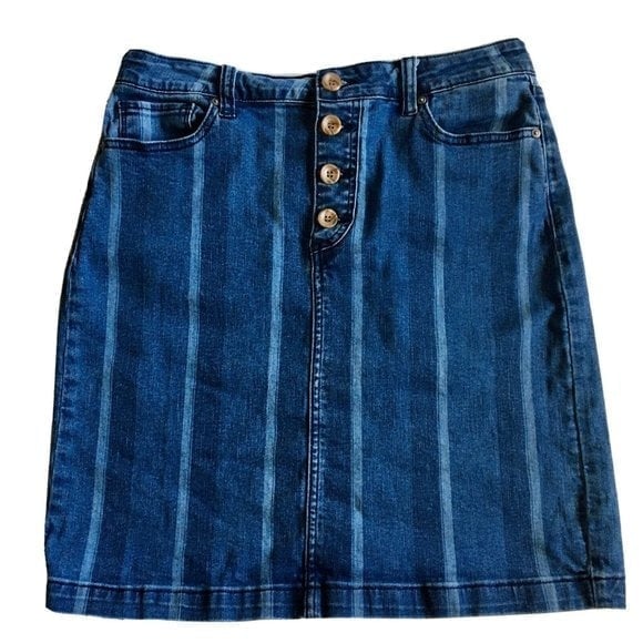 Velvet Heart Striped Blue Denim Pencil Skirt with Button Front Size 29