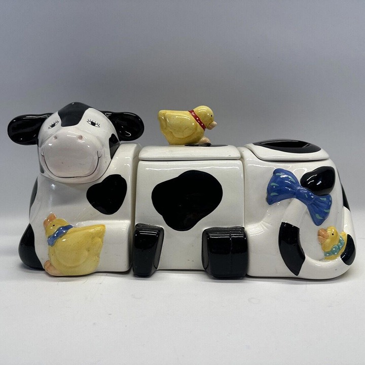 Vintage Coco Dowley Cow Holstein 3 Piece Cookie Jar Set