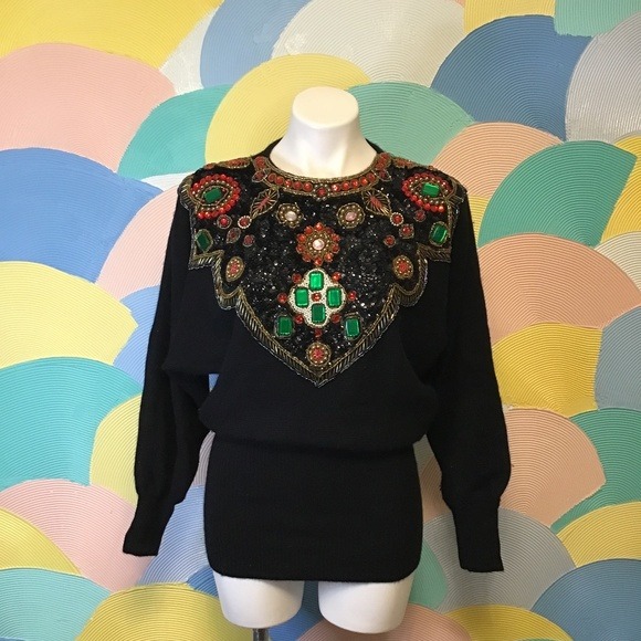 Vintage glass ruby beaded neck collar with gems Sz M lambwool angora hong kong