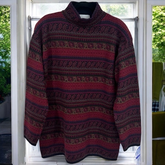 Vintage Valerie Stevens Multicolor Multi Print 100% Merino Wool Cowlneck Size L