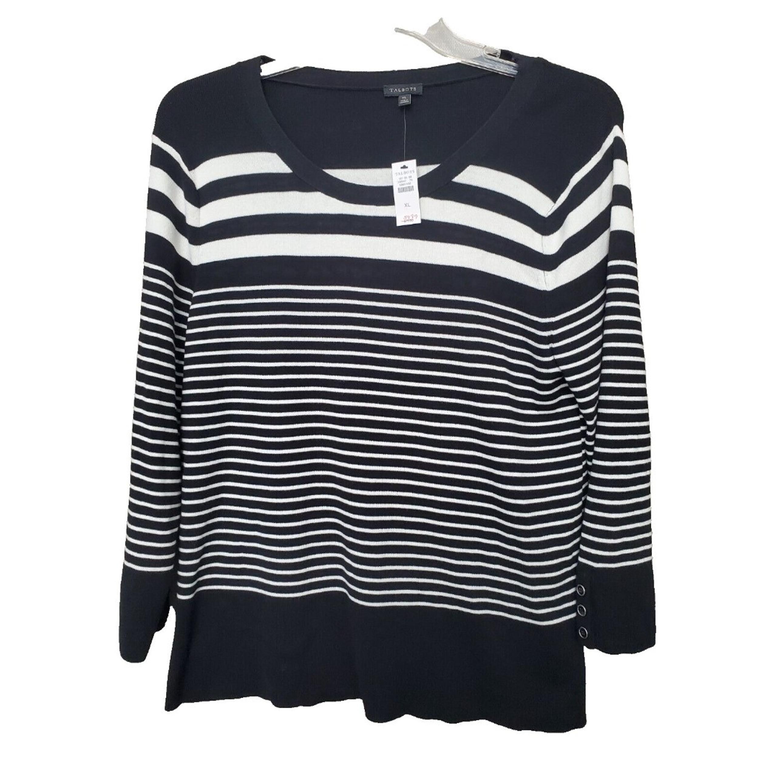 Talbots Cotton Blend Black Striped Scoop Neck Pullover Sweater Size XL NWT