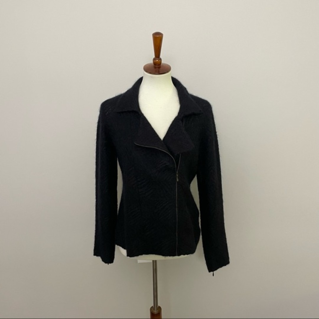 Eileen Fisher Sweater Moto Zipper Cuffs Lightweight Mohair Wool Blend Black