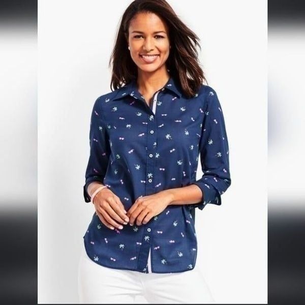 TALBOTS TREASURE ISLAND PRINT LONG SLEEVE BUTTON DOWN SHIRT NAVY BLUE SIZE 2X