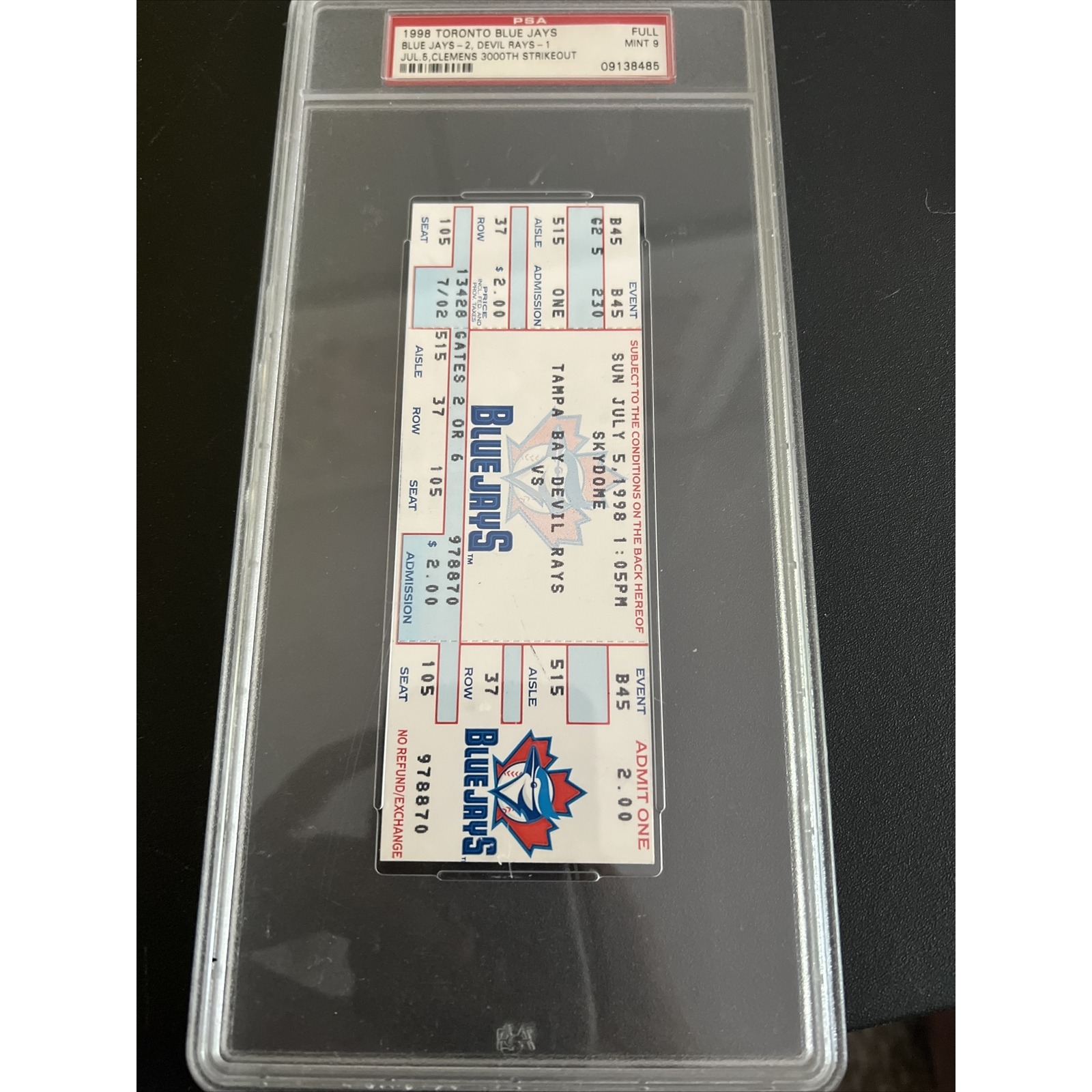 1998 Toronto Blue Jays Roger Clemens 3000TH Strikeout Full Ticket PSA 9 Red Sox