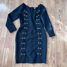 Hybrid & Co Black Midi Dress long sleeves size L, gold rivets, laces Mob Wife