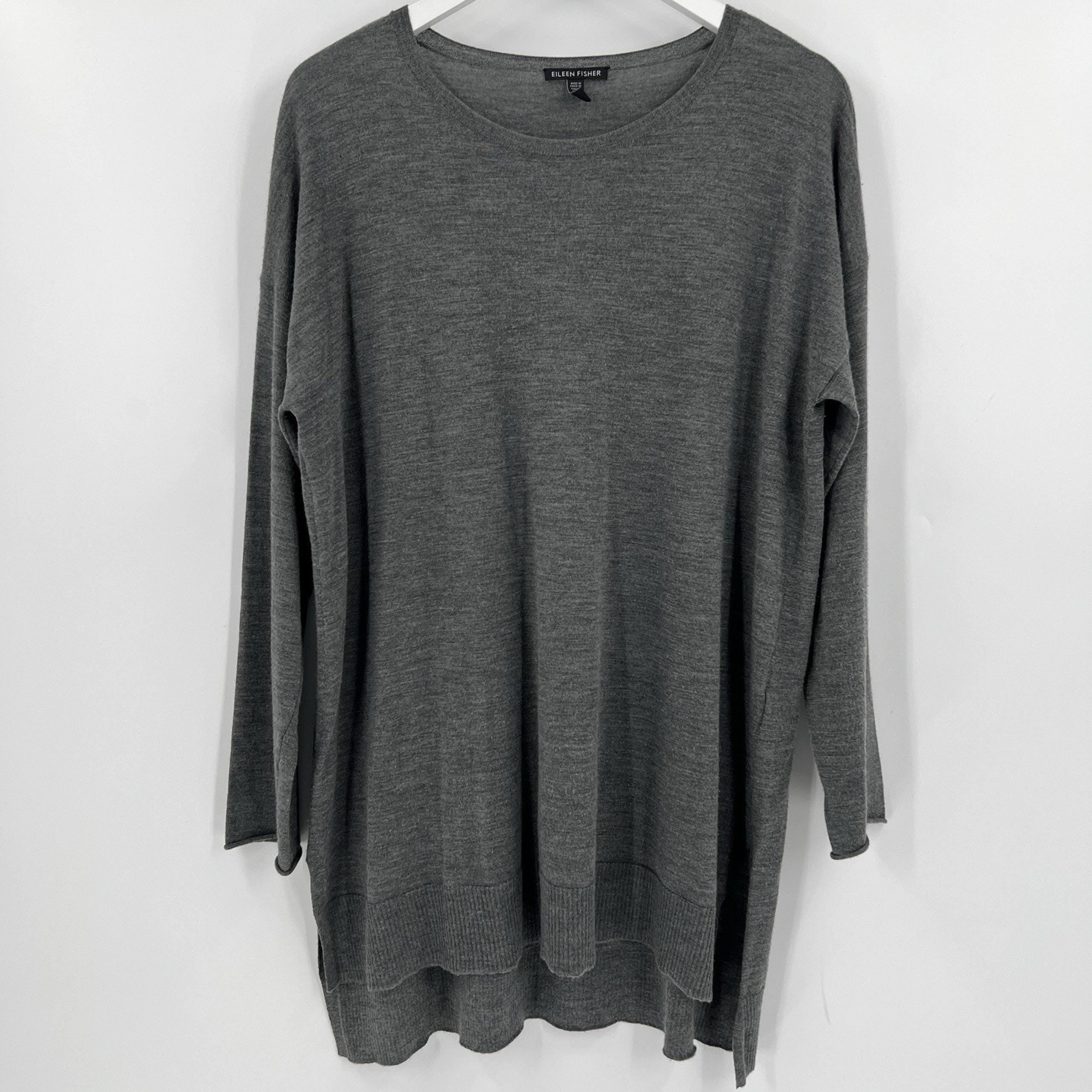 Eileen Fisher 100% Merino Wool Scoop Neck Lightweight Sweater Gray Size Large