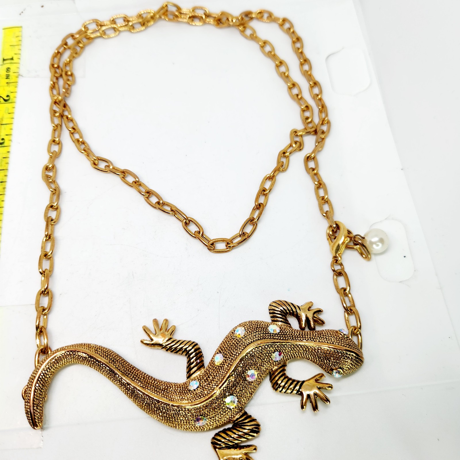 VTG Large Lizard Gold Tone Metal Chain Link Charm Belt Adjustable Rhinestone