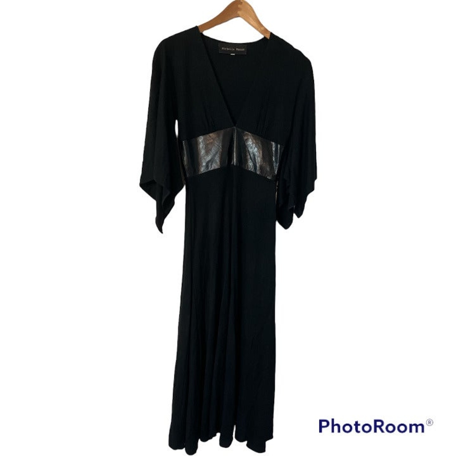 VINTAGE Y2K Michelle Mason BLACK V-NECK LEATHER TRIM MAXI DRESS SZ S