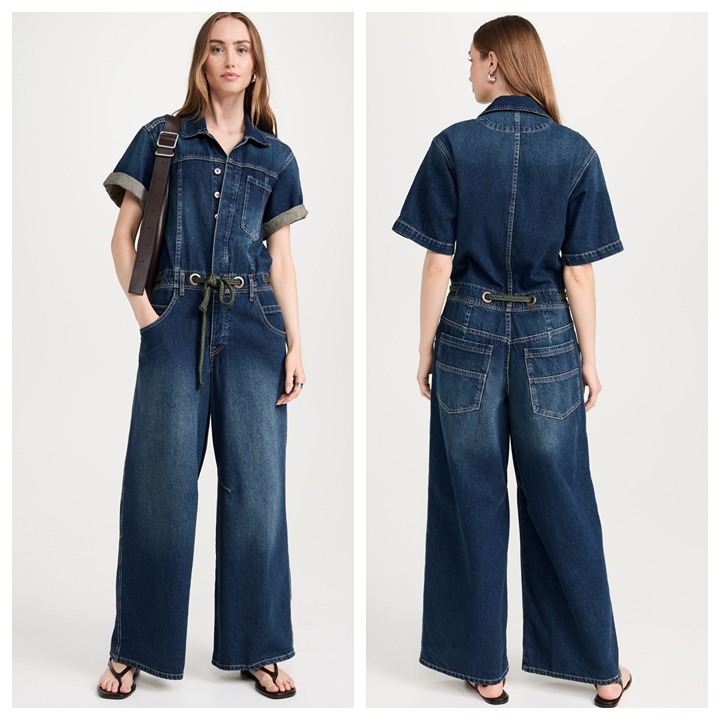 Free People Edison Wide Leg Denim Jumpsuit in Navy