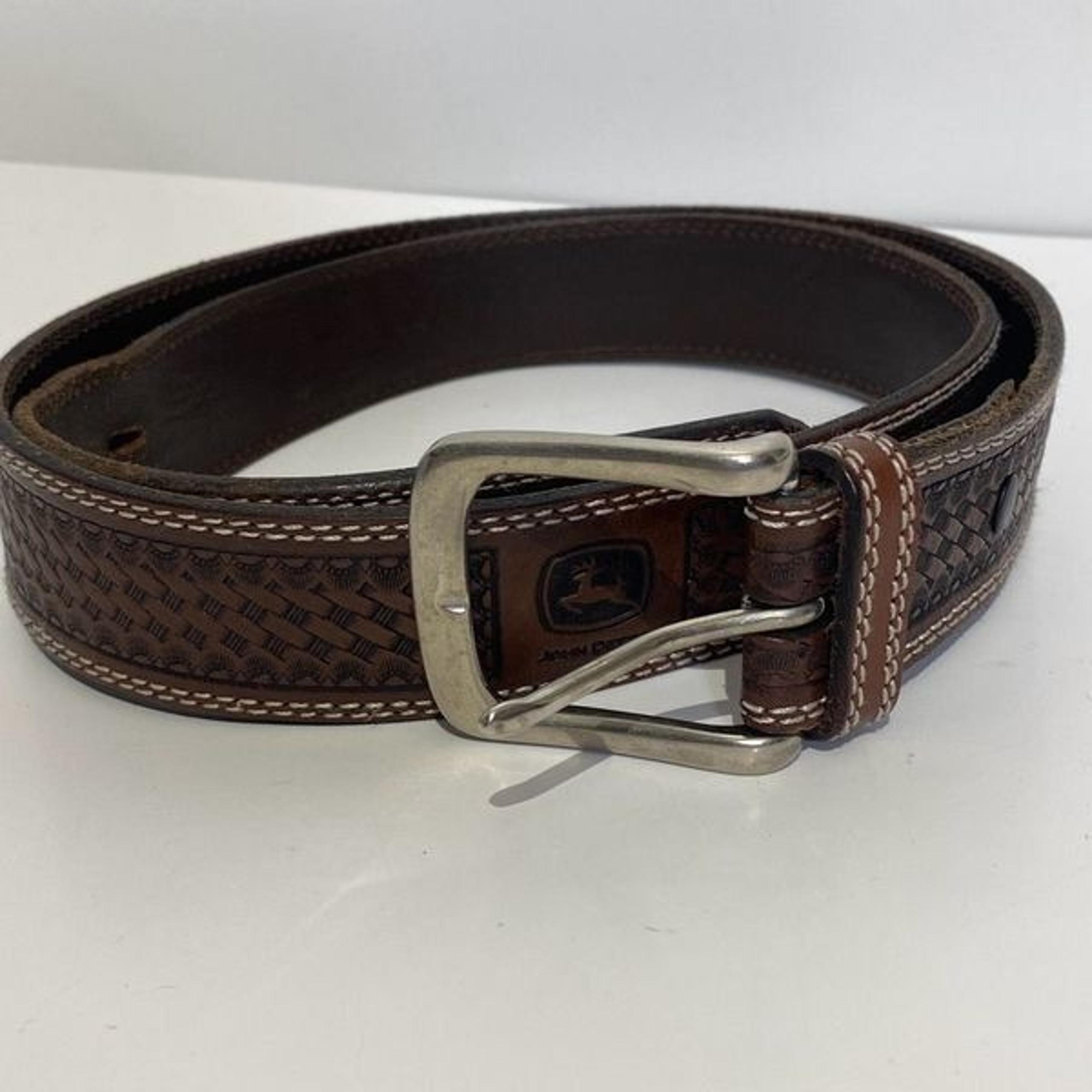 Men's Brown Basketweave Genuine Leather Adjustable Belt 47" - John Deere