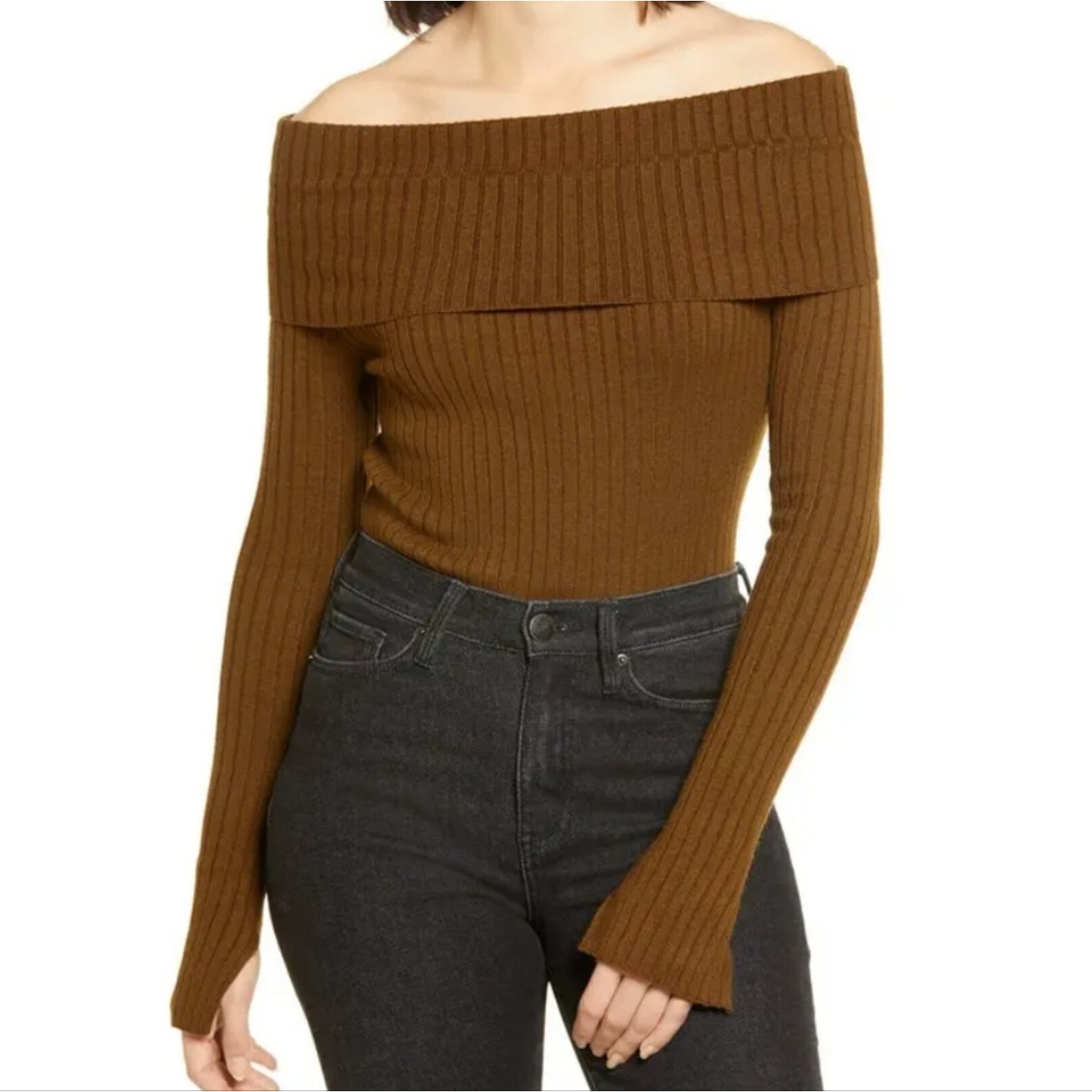 Lulus Perfect Timing Ribbed Off Shoulder Sweater Green Brown Size Large L