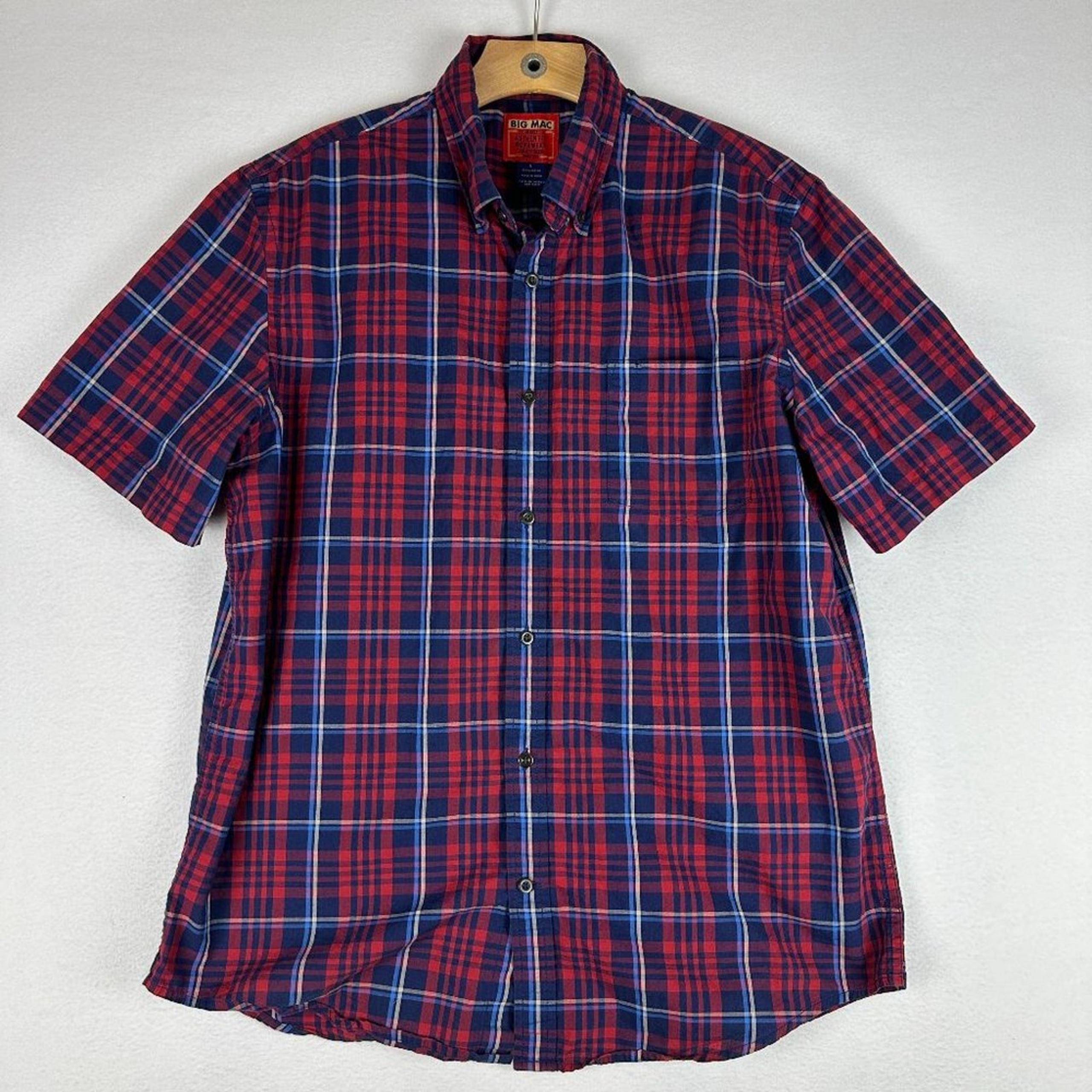 JC Penney Big Mac Blue Red Short Sleeve Plaid Button Shirt Men's Large