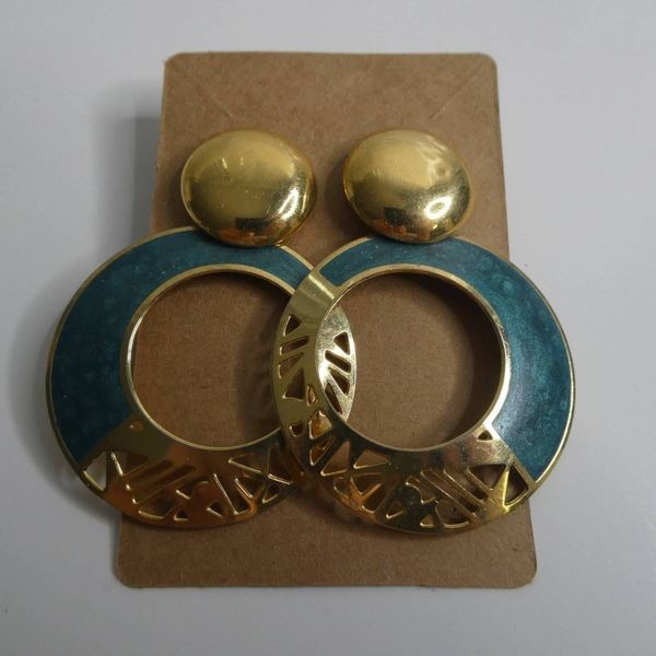 Edgar Berebi Vintage Enamel Dangle Hoop Drop Stud Earrings Cutouts Gold Tone