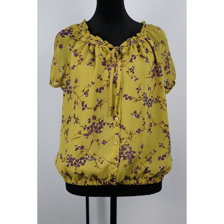 APT9 vintage Mustard -purple Floral Ruffle Neck Blouse with Button Front & Elas