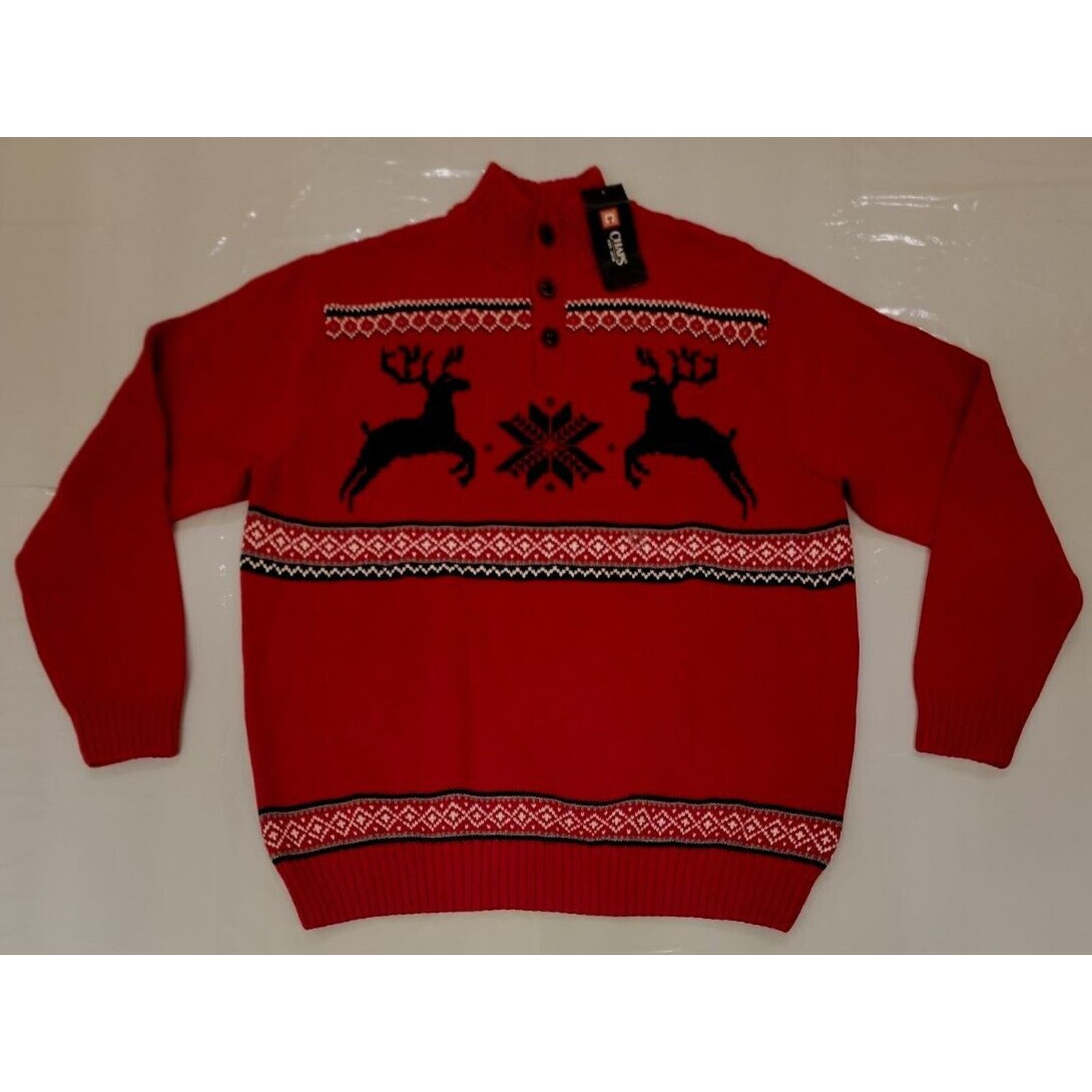 Chaps Mens Raindeer Snowflake Mockneck Sweater Red Size XL