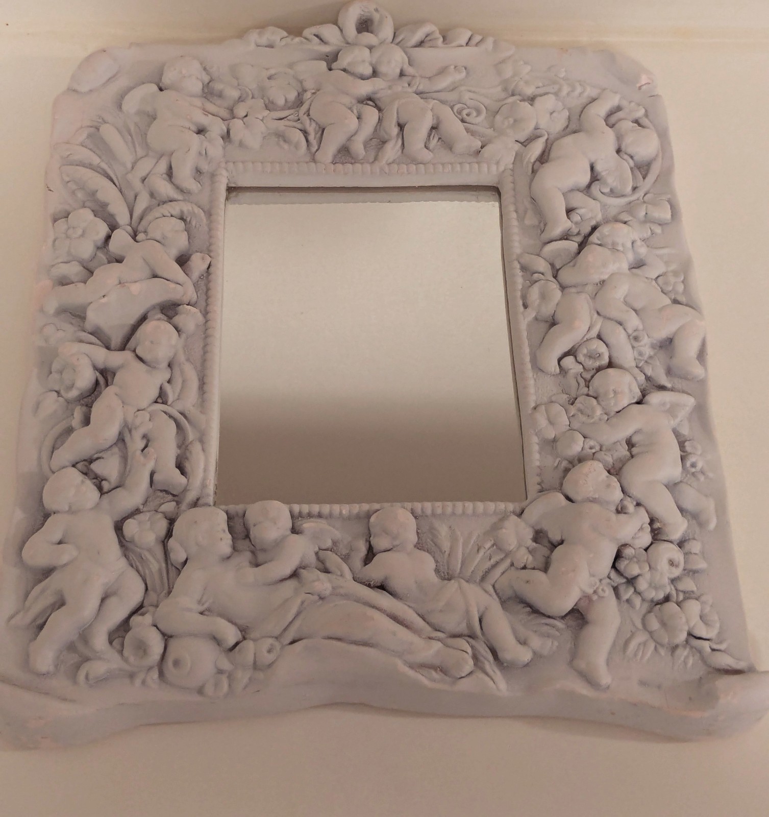 VTG Baroque High Relief Cherubs Plaster Framed Wall Mirror
