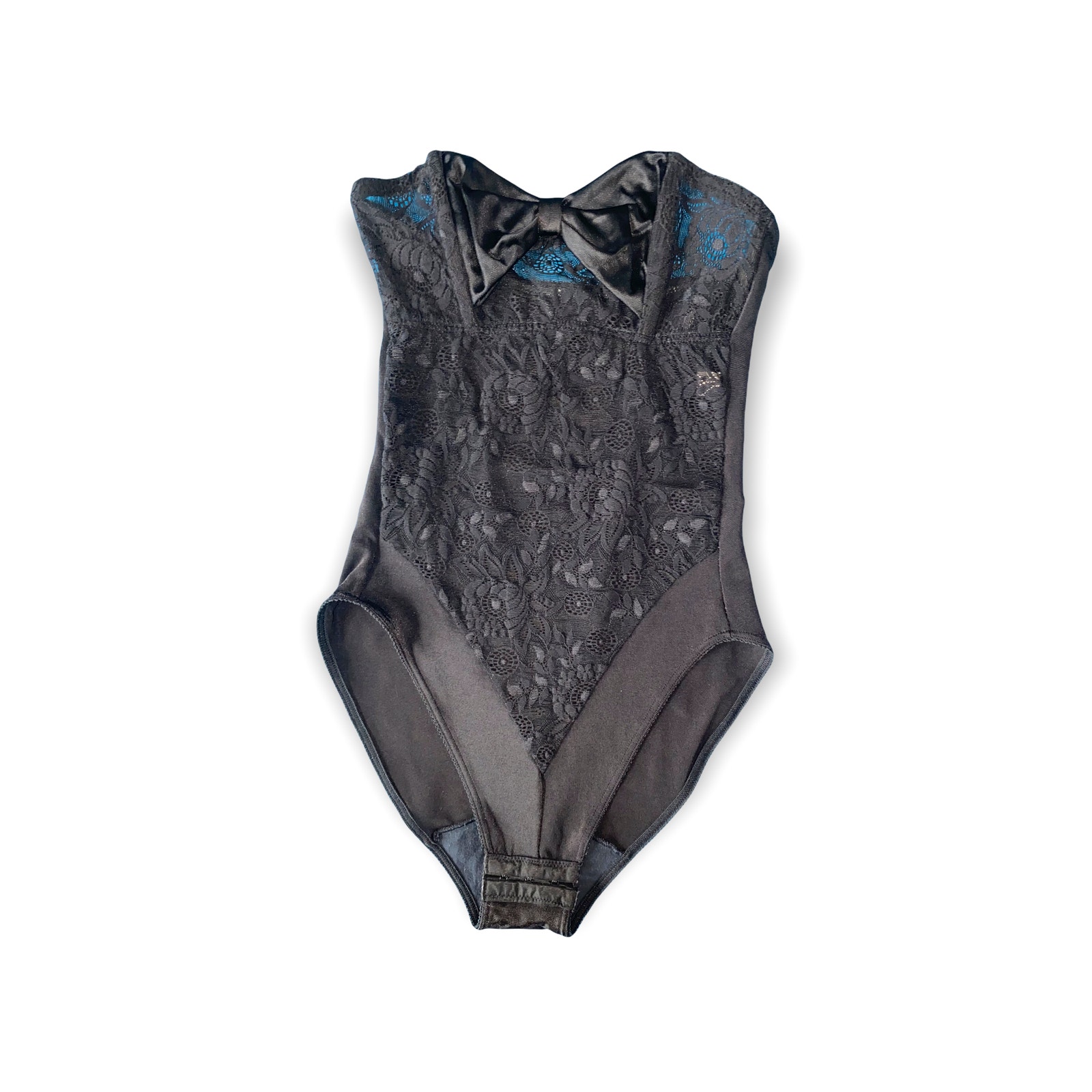 Strapless bow lace black bodysuit cami lingerie size small vintage