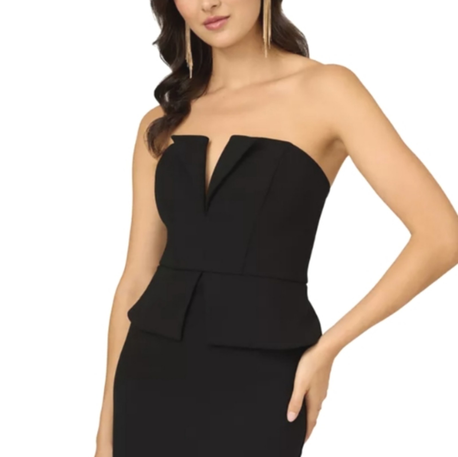 LIV FOSTER Strapless Black Peplum Midi Dress Stretch Crepe Size 6