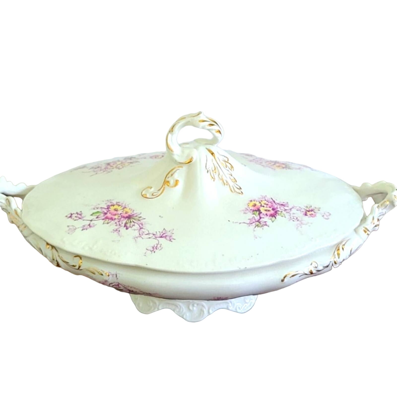 Antique Globe Pottery Covered Vegetable Dish Floral Embossed Gold Cottagecore