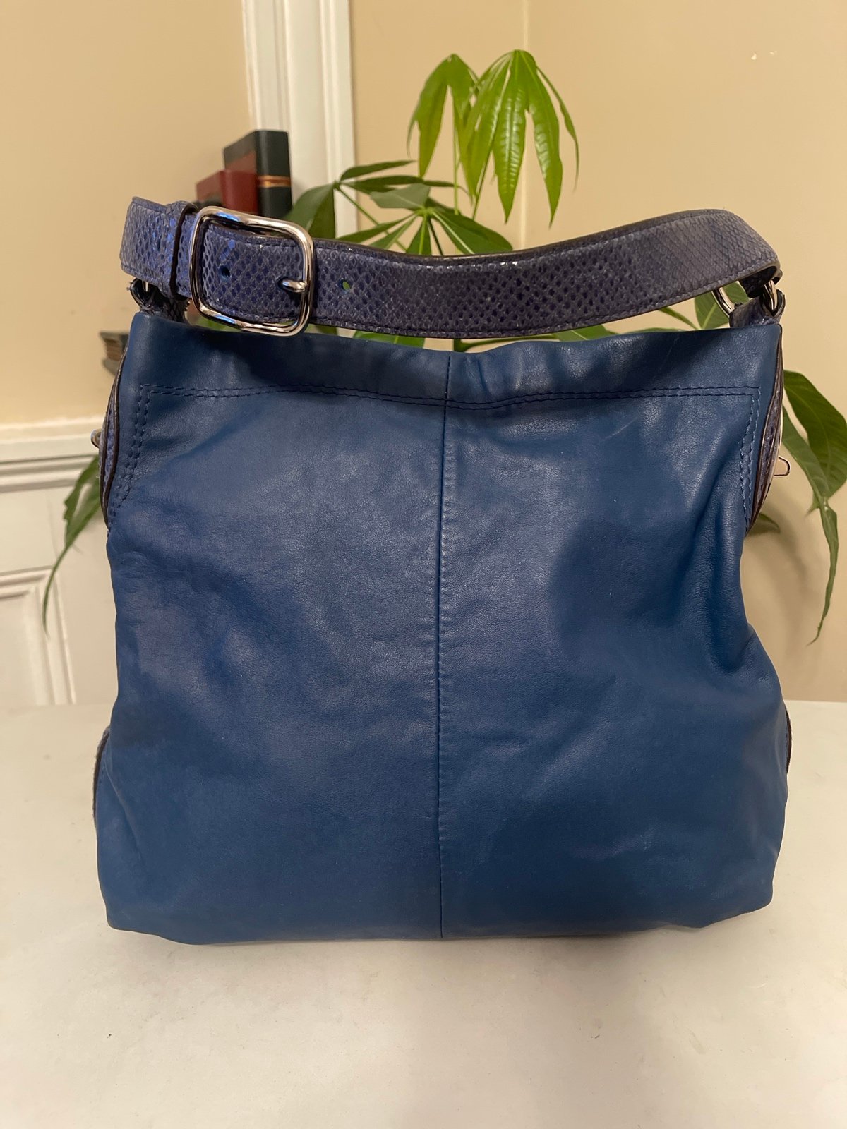 Coach Peyton Blue Leather Hobo Shoulder Bag Tote snakeskin strap and trim