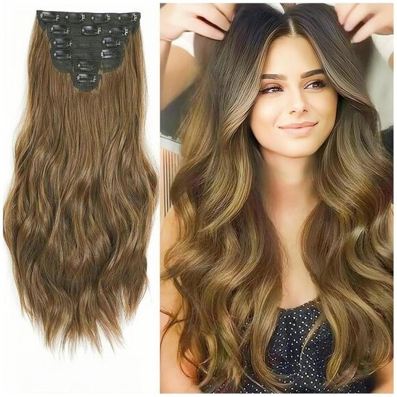 New 6PCS 22 Inch 220g Long Wavy Synthetic Medium Brown Clip-in Hair Extensions