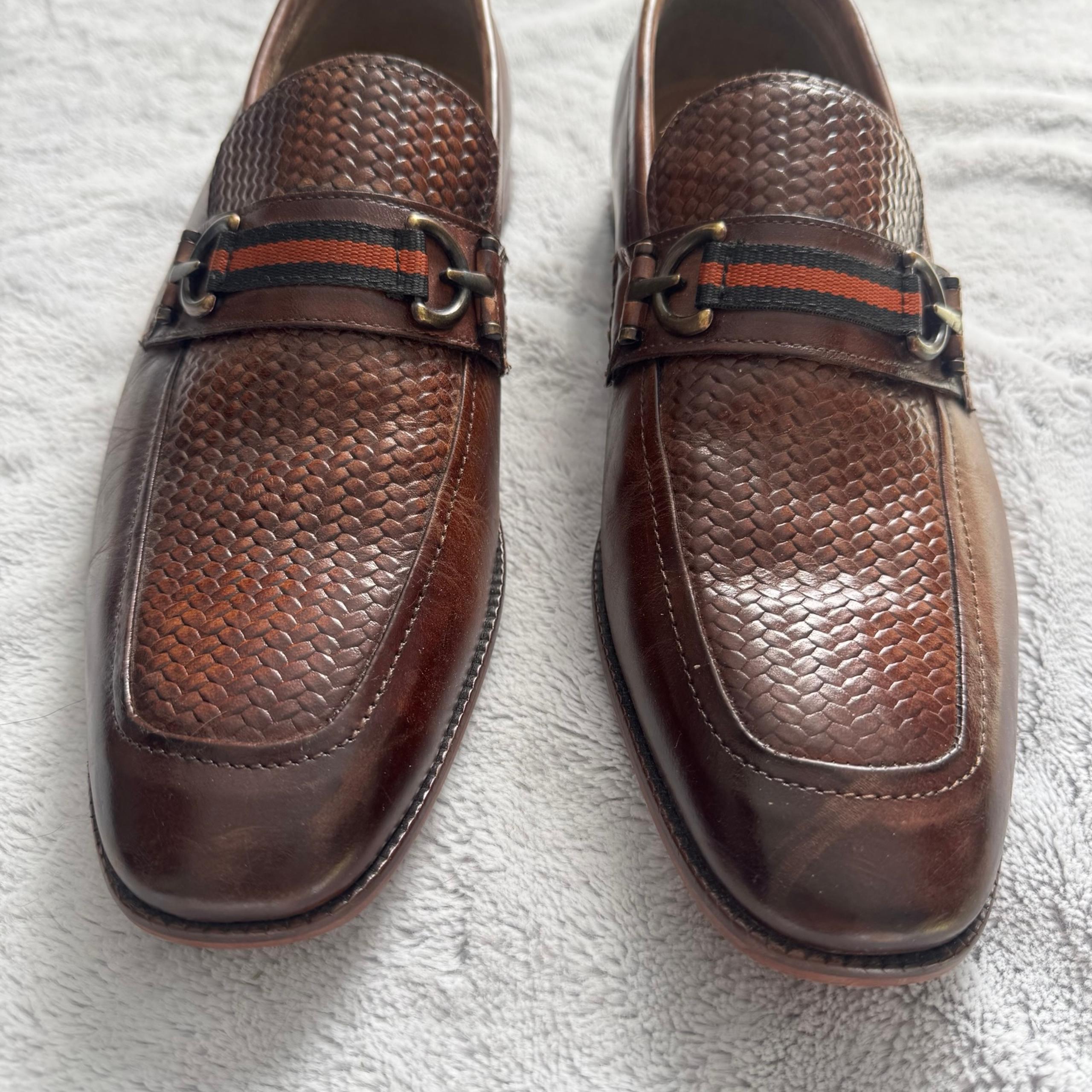 P-Akron Loafers Men’s 11D Cognac Woven Leather Slip On Bit Buckle - Steve Madden