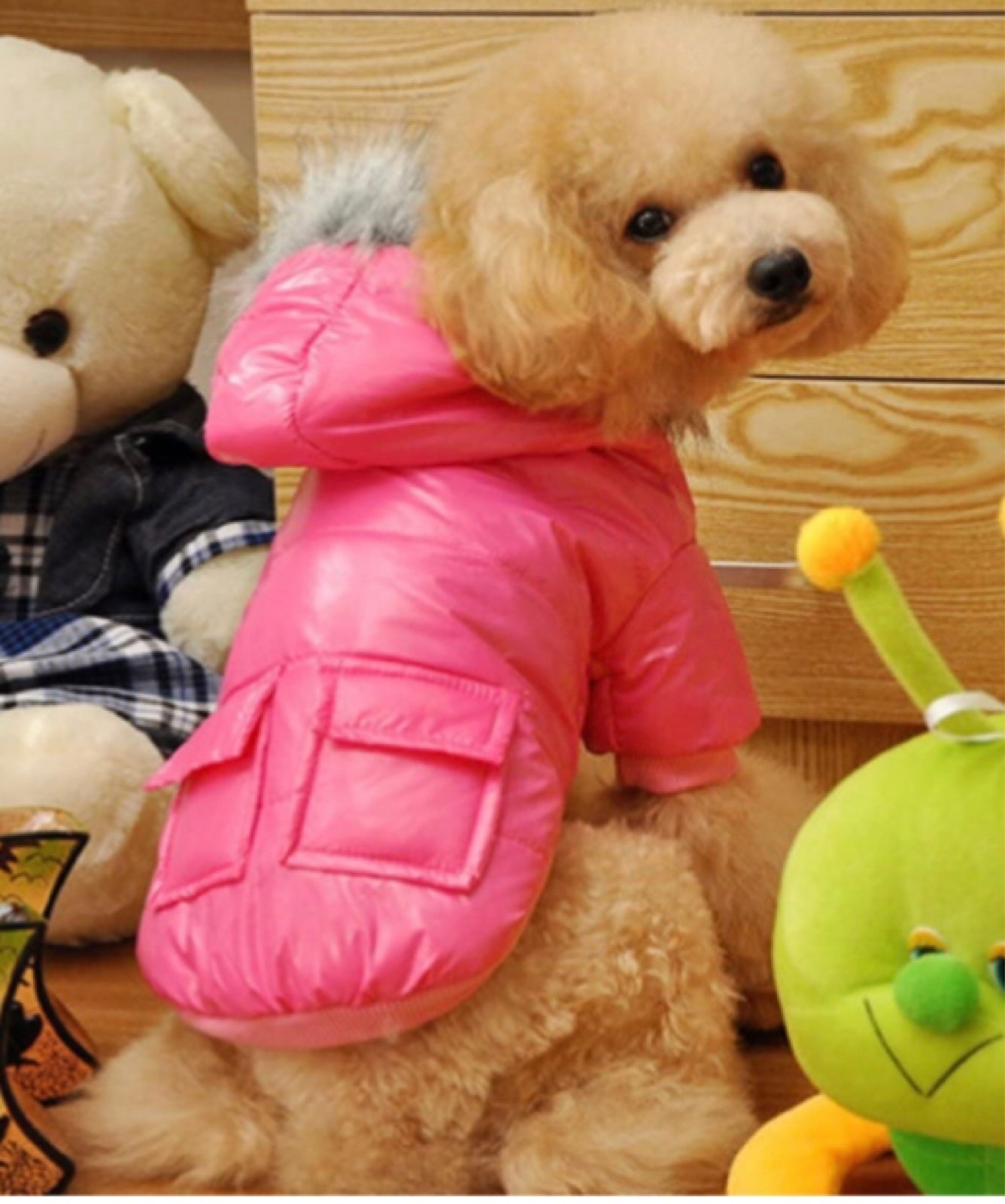 “Pink Dog Puffer Jacket” Fur Hood Warm Winter Wind/Waterproof Cat Pet Lined Coat