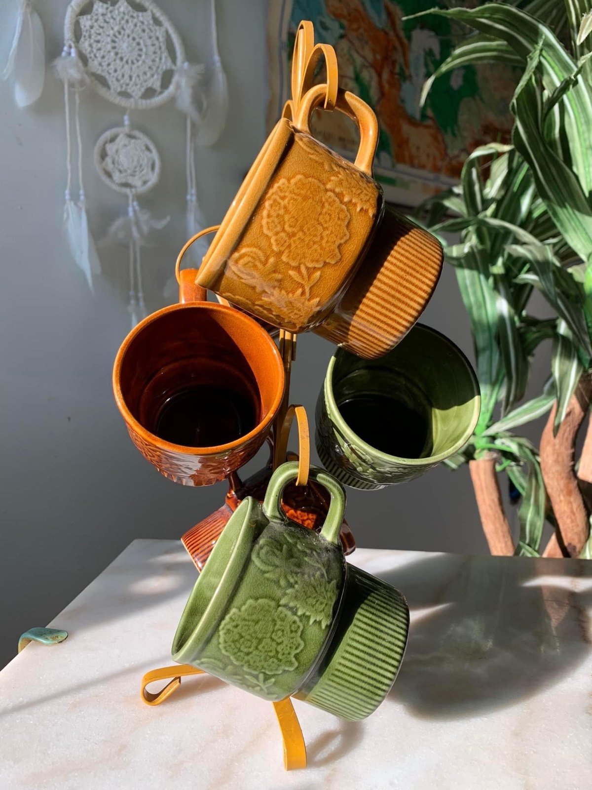 Vintage Stackable Ceramic Mugs Set Of 6 Made in Japan, w/ Stand