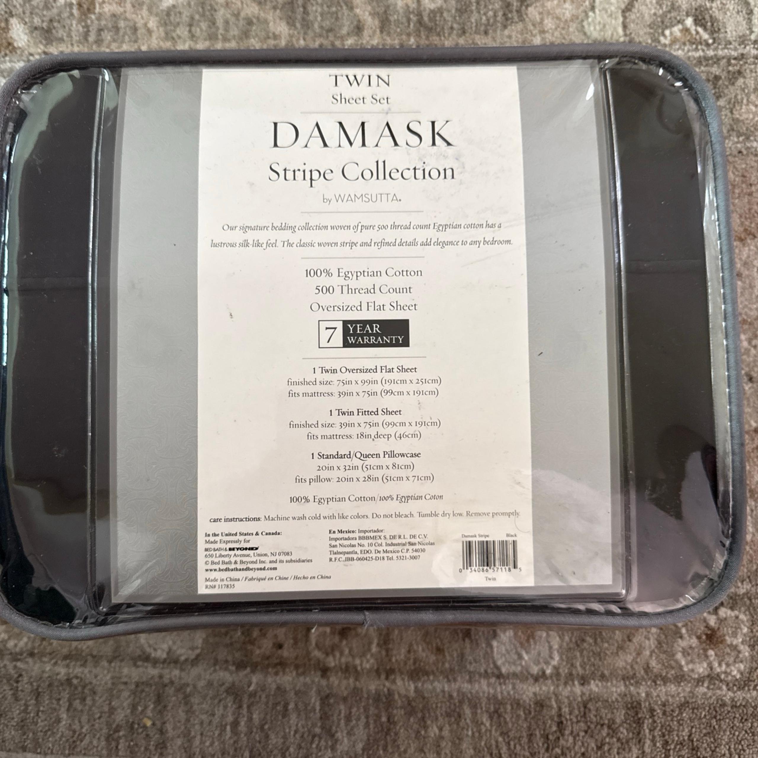 Twin Damask Stripe 3 Piece Sheet Set 500 Tc 18" Deep 100% Egyptian Cotton Black
