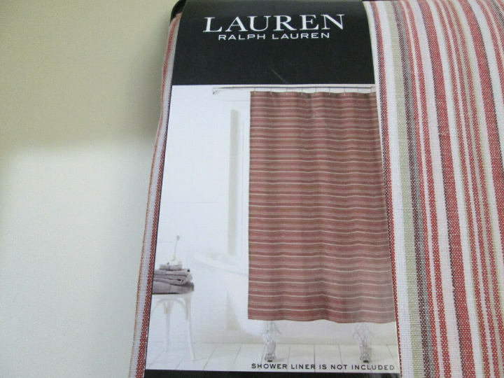 Ralph Lauren Shower Curtain 70x72 Red, White, Tan, Green Horizontal Stripe New