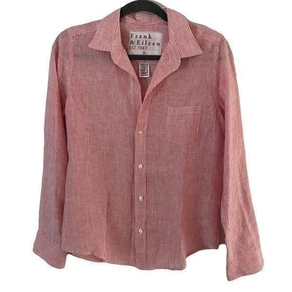 Frank & Eileen Barry Red White Striped Linen Button Front Blouse Top Small